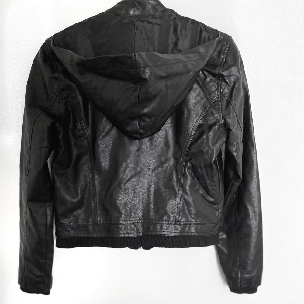 Black Faux Leather Hooded Zip-up Moto Jacket - Picture 2 of 5
